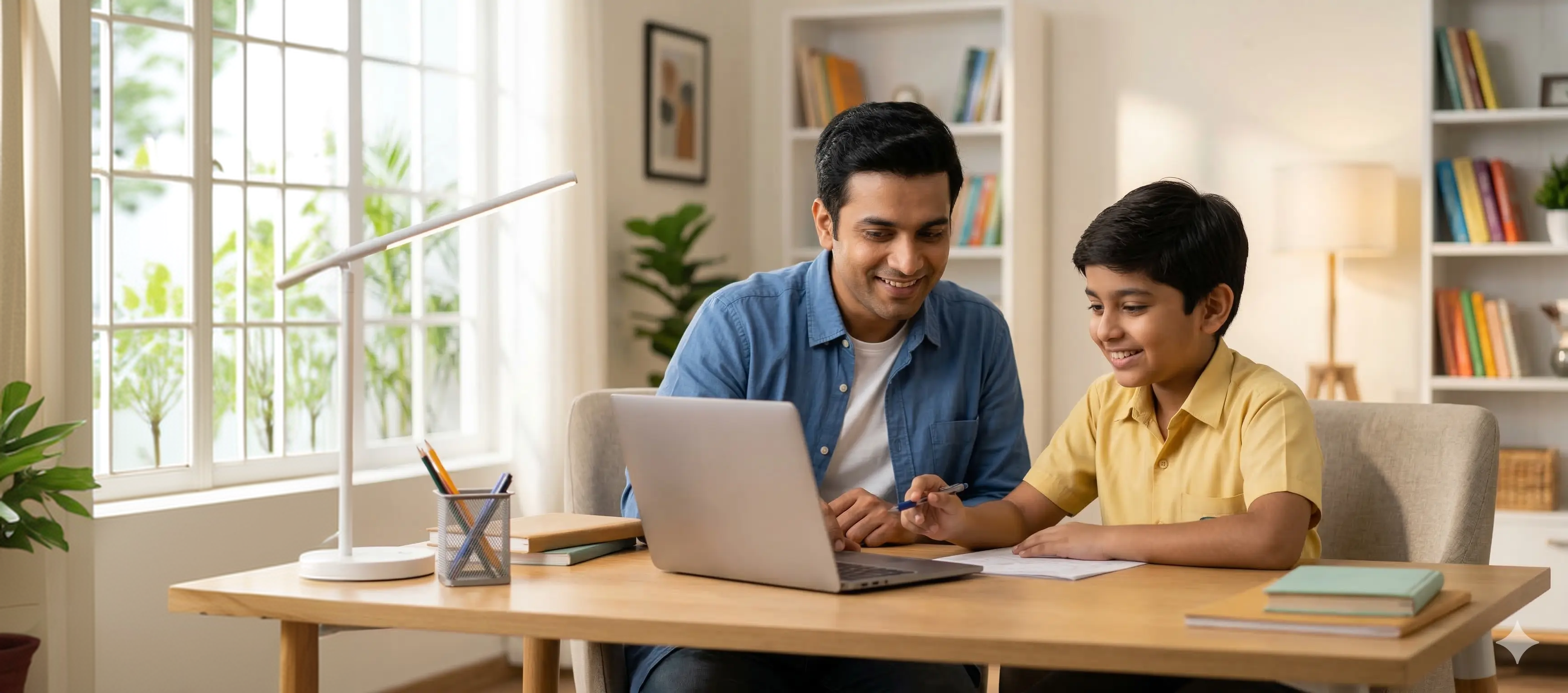 Father and son learning together at a laptop